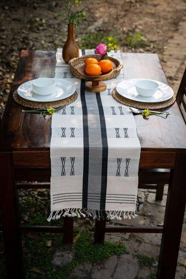 Naga Handwoven White & Black 6 Seater Table Runner & Mat