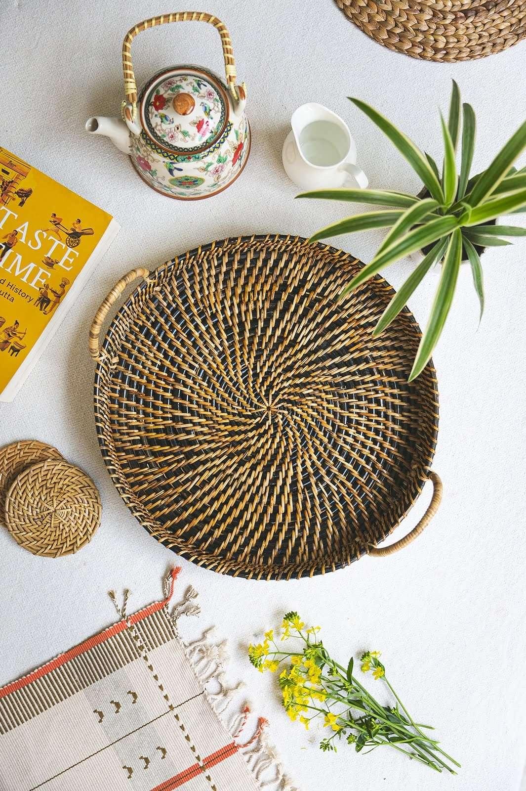 rattan cane tray black